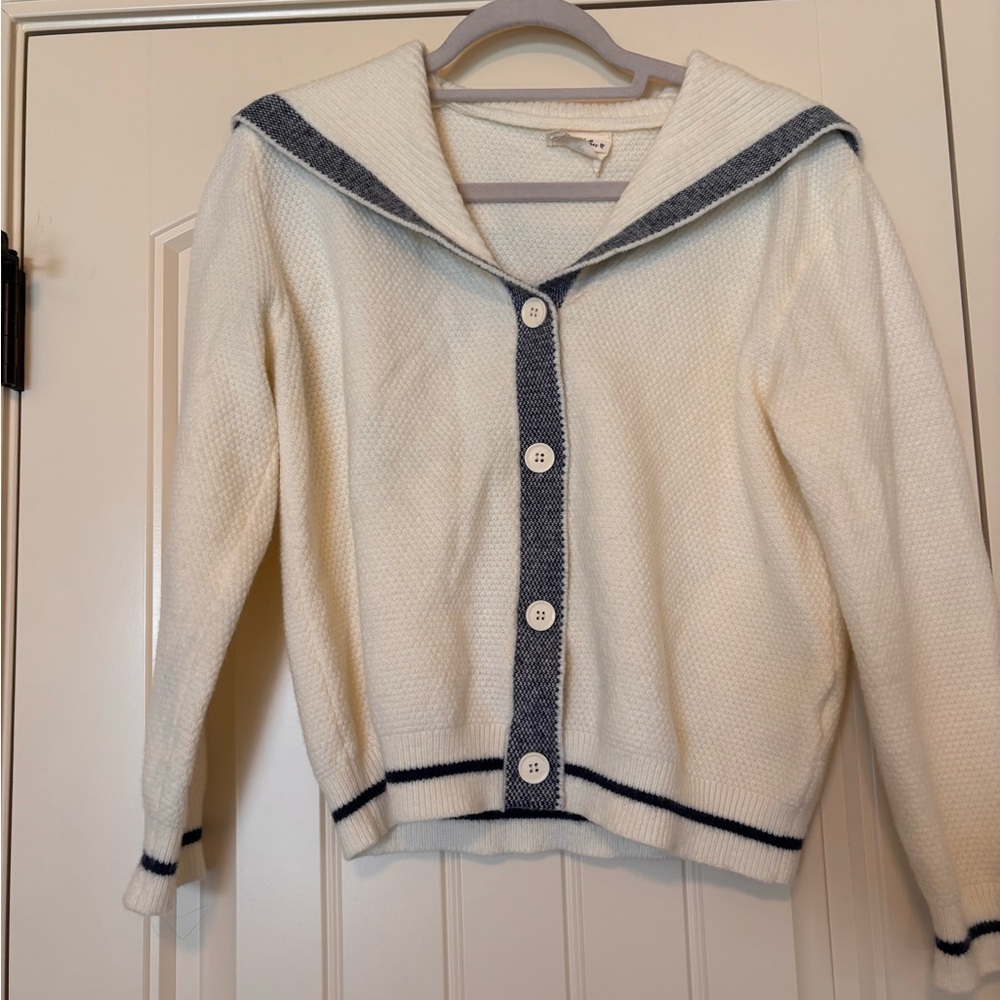 Chic White Cardigan with Blue Trim